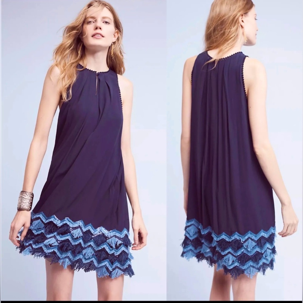 Anthropologie Navy Blue Sleeveless Shift Dress with Chevron Lace Hem